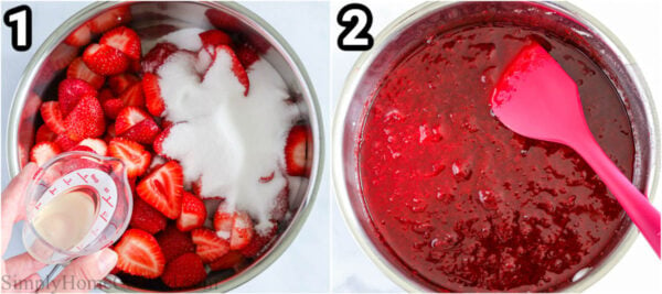 Steps to make 3-ingredient Strawberry Jam: combine strawberries, sugar, and lemon juice in a pot and boil, then simmer, then boil, and simmer again to thicken.