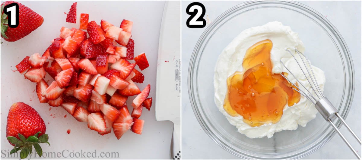 Steps to make Strawberry Parfait: chop the strawberries, then mix the yogurt and honey with a whisk. 