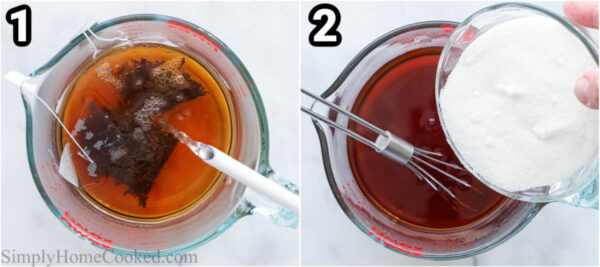 Steps to make Sweet Tea: steep the tea bags in boiling water and then add the sugar.