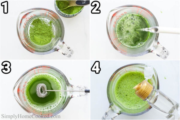 Steps to make an Iced Matcha Latte: dissolve the matcha powder in boiling water in a measuring cup and combine with a matcha whisk, then add in the vanilla syrup.