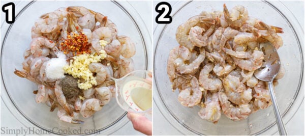 Steps to make Baked Shrimp Scampi: mix the shrimp, butter, lemon juice, garlic, salt, pepper, and red chili flakes together with a spoon in a bowl.