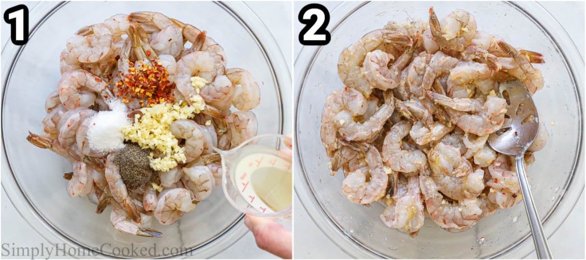 Steps to make Baked Shrimp Scampi: mix the shrimp, butter, lemon juice, garlic, salt, pepper, and red chili flakes together with a spoon in a bowl. 