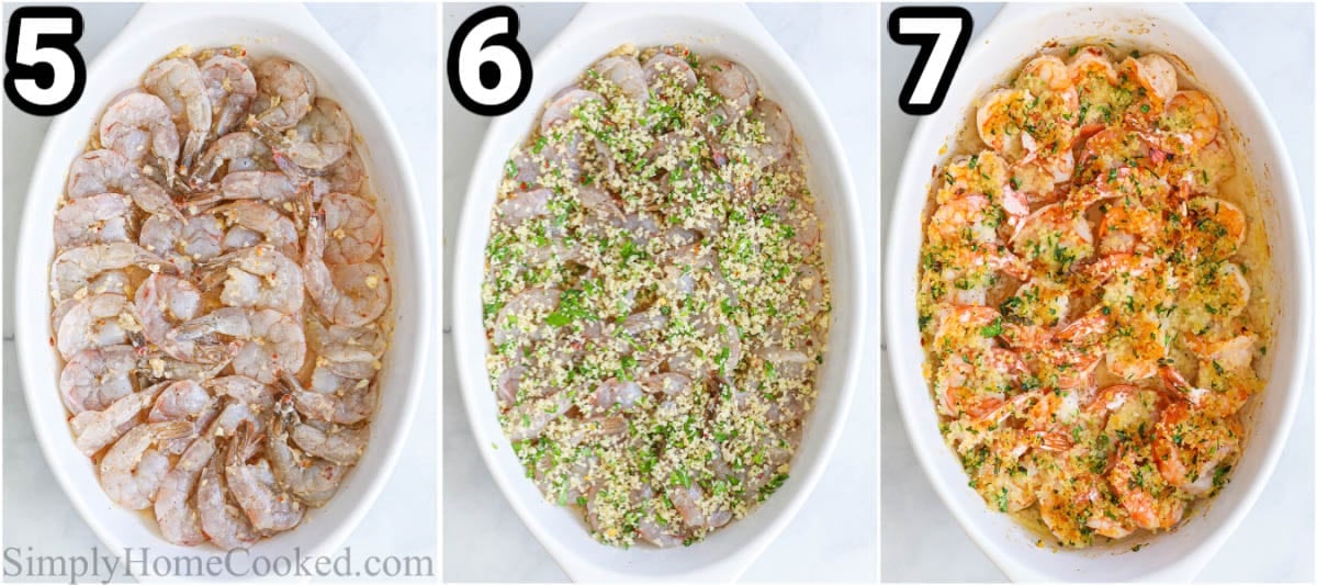 Steps to make Baked Shrimp Scampi: layer the shrimp in a baking dish, then top with breadcrumb mixture and bake.