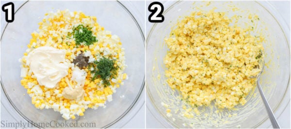 Steps to make Egg Sandwich: combine the chopped eggs, mayo, Dijon mustard, dill, chives, salt, and pepper in a bowl with a fork.