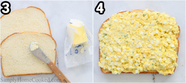 Steps to make Egg Sandwich: butter the sandwich bread and then add egg salad to one slice before topping with the other slice.
