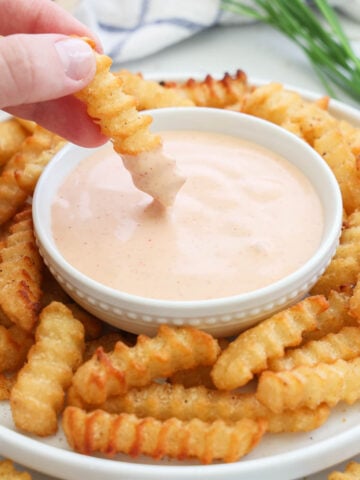 French Fries surrounding Fry Sauce, one fry dipping into it.