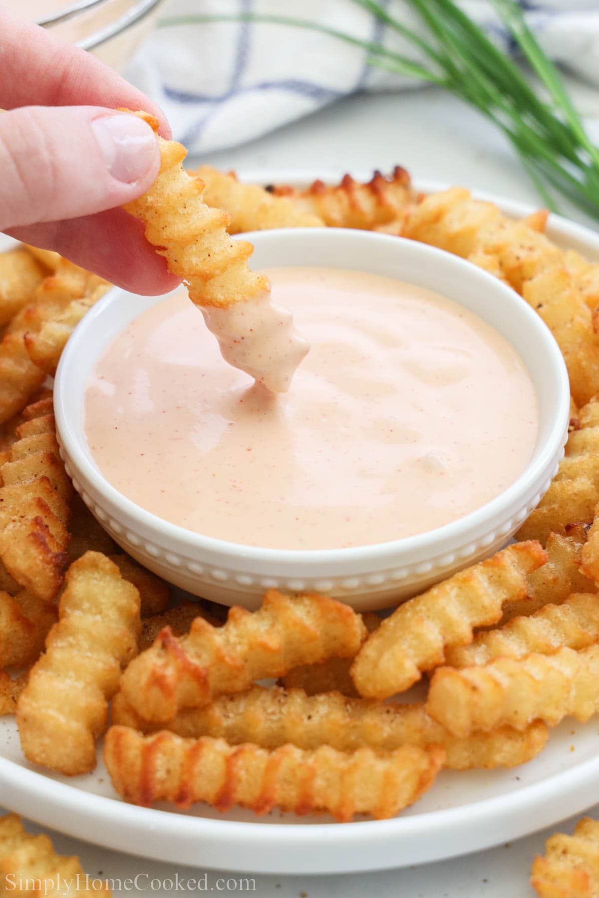 French Fries surrounding Fry Sauce, one fry dipping into it. 