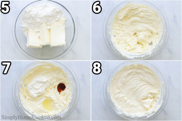 Steps to make No-bake Cheesecake Bars: make the filling by combining the sour cream, lemon juice, vanilla, cream cheese, and sugar in a bowl.