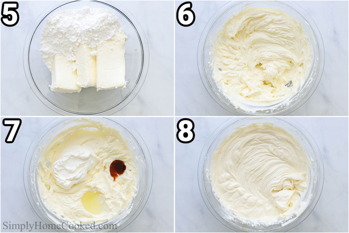 Steps to make No-bake Cheesecake Bars: make the filling by combining the sour cream, lemon juice, vanilla, cream cheese, and sugar in a bowl.