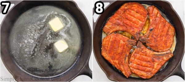 Steps to make Smoked Pork Chops: melt butter in a cast iron pan and then sear the pork chops.