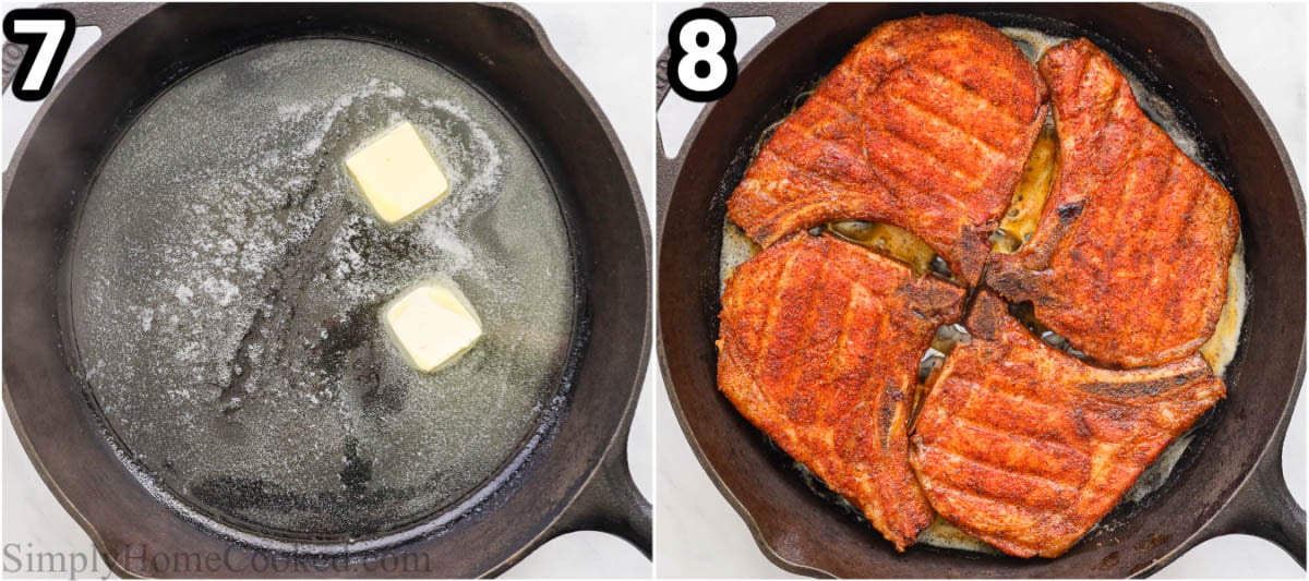 Steps for making smoked pork chops: Melt butter in a cast iron pan and then sear the pork chops.