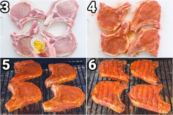 Steps to make Smoked Pork Chops: oil the pork chops, then rub in the seasonings, and smoke them.