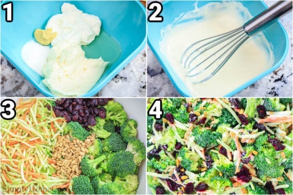Four tiles showing steps to make broccoli cranberry salad: mixing the dressing ingredients, assembling the salad, and dressing the salad.