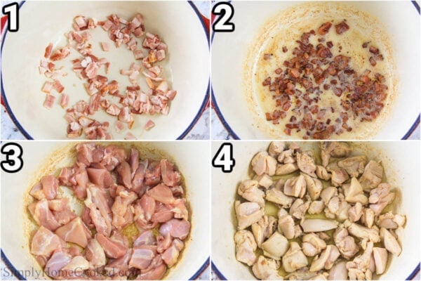 Steps to make Brown Rice Jambalaya: cook the bacon and then the chicken in a dutch oven pot.