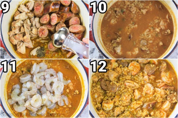 Steps to make Brown Rice Jambalaya: add the sausage and chicken back into the dutch oven pot and simmer the jambalaya before adding the shrimp last.