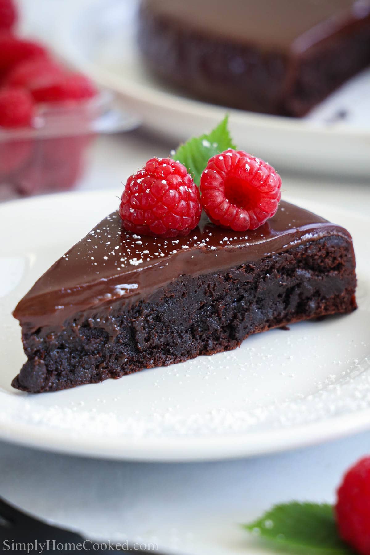 Slice of Flourless Chocolate Cake topped with chocolate ganache, powdered sugar, and fresh raspberries.