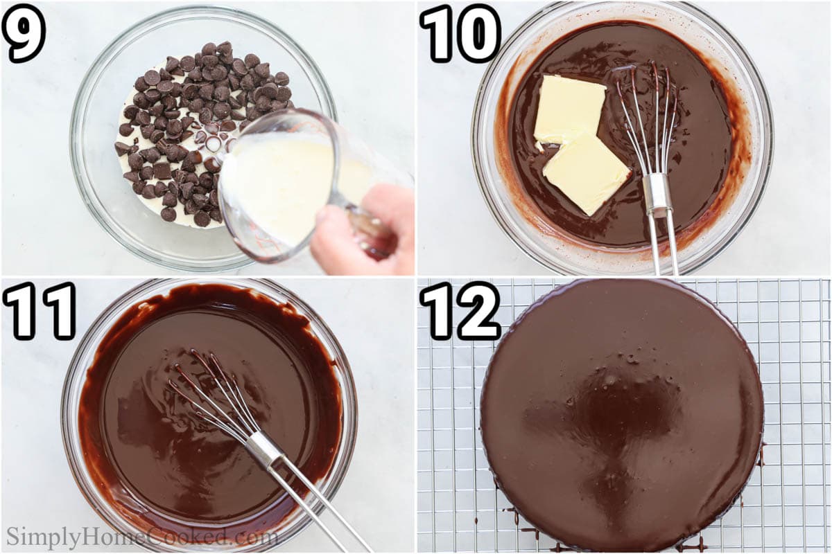 Steps to make Flourless Chocolate Cake:  simmer the heavy cream and then add chocolate chips, stir in the butter and then drizzle the ganache over the cooled Steps to make Flourless Chocolate Cake.