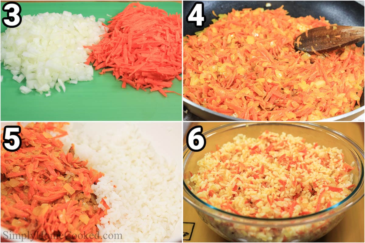 Steps to make Rice Stuffed Chicken Thighs: chop and shred the onions and carrots, saute them, then add them to the cooked rice. 