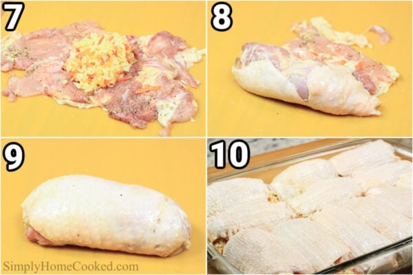 Steps to make Rice Stuffed Chicken Thighs: add the rice filling to the chicken, wrap it tightly, and then bake the stuffed chicken in a baking dish.