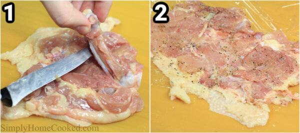 Steps to make Rice Stuffed Chicken Thighs: debone the chicken then flatten it on plastic wrap with a mallet.