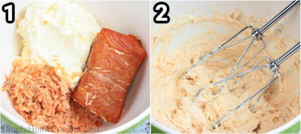 Steps to make Smoked Salmon Appetizer Cups: mix the cream cheese and smoked salmon together with an electric mixer.