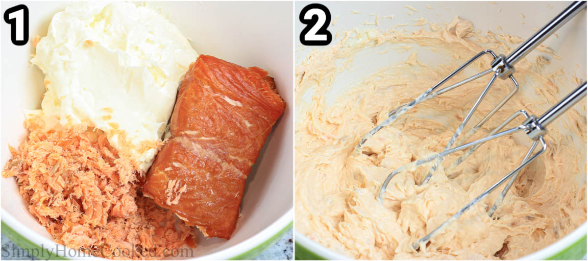 Steps to make Smoked Salmon Appetizer Cups: mix cream cheese and smoked salmon with an electric mixer.