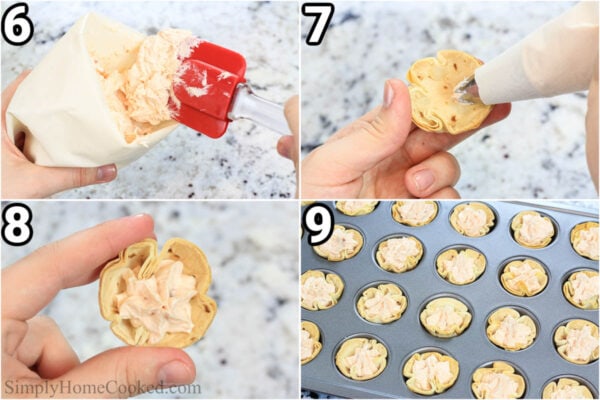 Steps to make Smoked Salmon Appetizer Cups: add the filling to a pastry bag and pipe it into the cups.