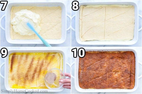 Steps to make Sopapilla Cheesecake: lay the pastry dough in a baking dish, add the cheesecake filling, then cover with melted butter and sprinkle on sugar and cinnamon before baking.