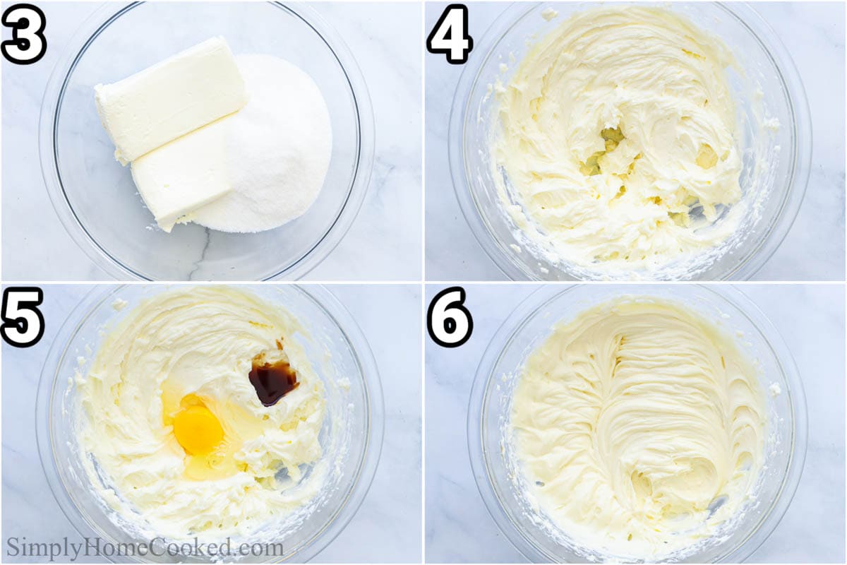 Steps to make Sopapilla Cheesecake: cream the cream cheese and sugar together, then add the vanilla and egg and mix.