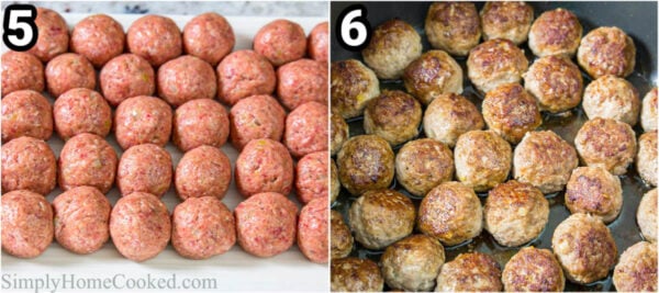 Steps to make Spaghetti and Meatballs: scoop the meatballs and then saute them in a pan.