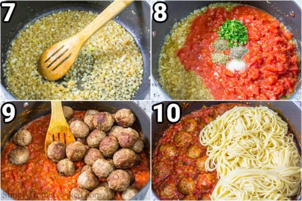 Steps to make Spaghetti and Meatballs: saute the onions for the sauce, then add the chopped tomatoes, salt, pepper, oregano, thyme, fresh basil, and brown sugar and simmer, then add the meatballs, simmer, and finally add the spaghetti.