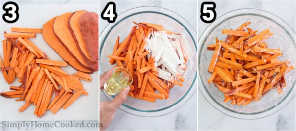 Steps to make the Best Air Fryer Sweet Potato Fries: cut an pat the sweet potato dries dry, then mix them with oil and seasonings, tossing together.