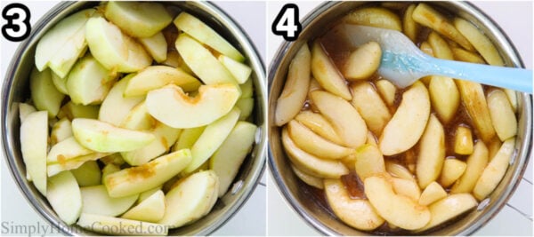 Steps to make Homemade Apple Pie Filling: peel and slice the apples, then simmer them before adding the filling liquid, thickening it with cornstarch, and letting it cool.