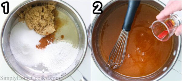 Steps to make Homemade Apple Pie Filling: heat the brown sugar, sugar, cinnamon, lemon juice, cornstarch, and water in a saucepan, stirring with a whisk and adding the vanilla.