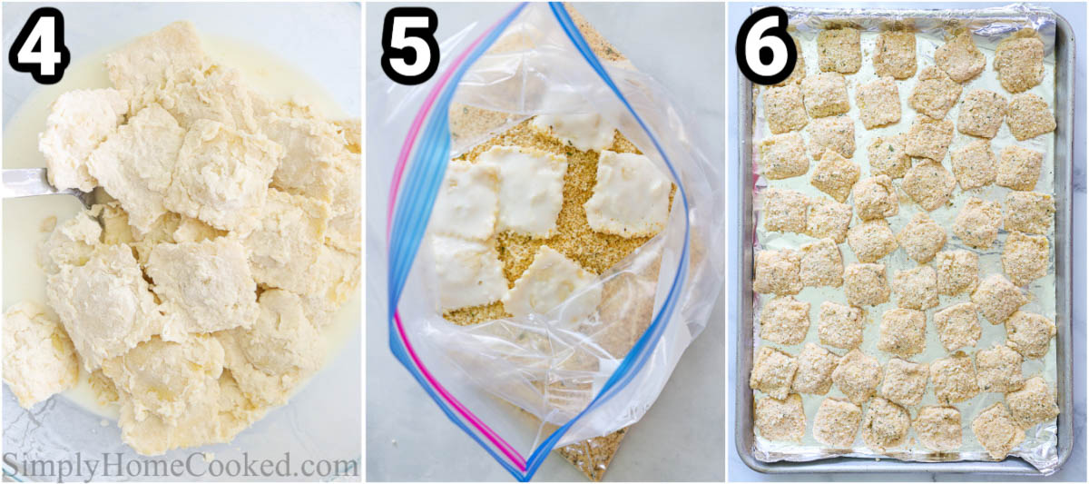 Steps to make Crispy Fried Ravioli: dip in buttermilk and breadcrumbs in a ziplock bag, then place on a baking sheet.