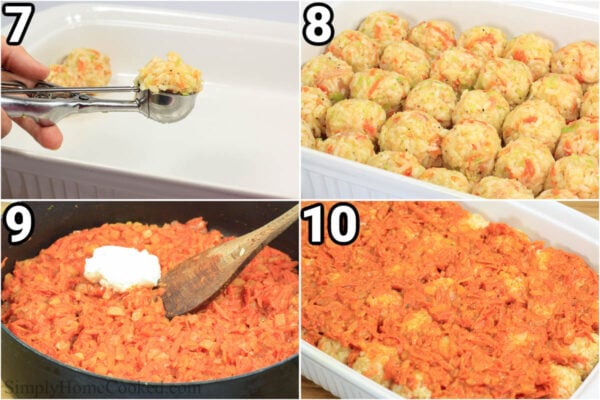 Steps to make Lazy Cabbage Rolls: scoop the cabbage mixture, place them in a baking dish, saute onions carrots and add sour cream, then top the cabbage rolls with it and bake.
