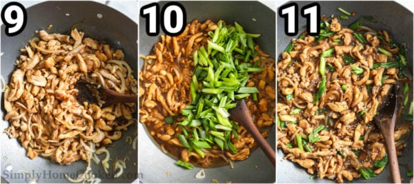 Steps to make Mongolian Chicken: add chopped green onions to the Mongolian Chicken and stir with a wooden spoon.