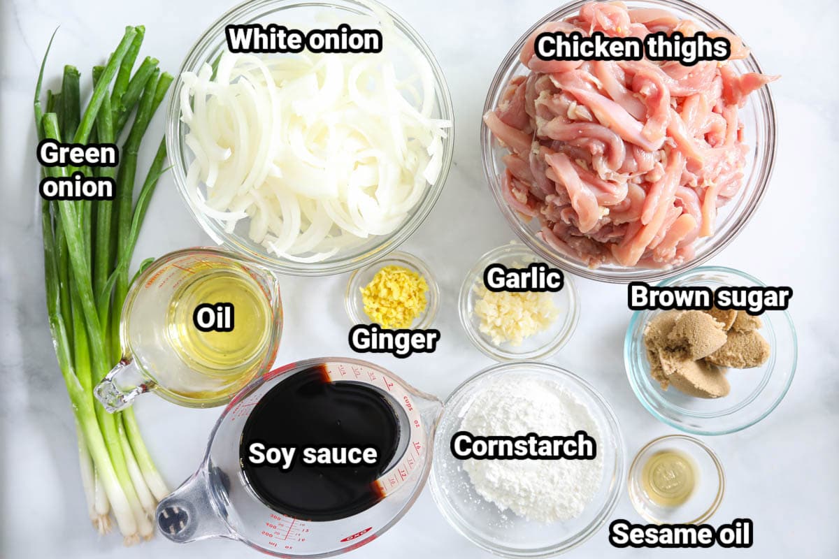 Ingredients for Mongolian Chicken: green onion, white onion, chicken thighs, oil, ginger, garlic, brown sugar, soy sauce, cornstarch, and sesame oil.