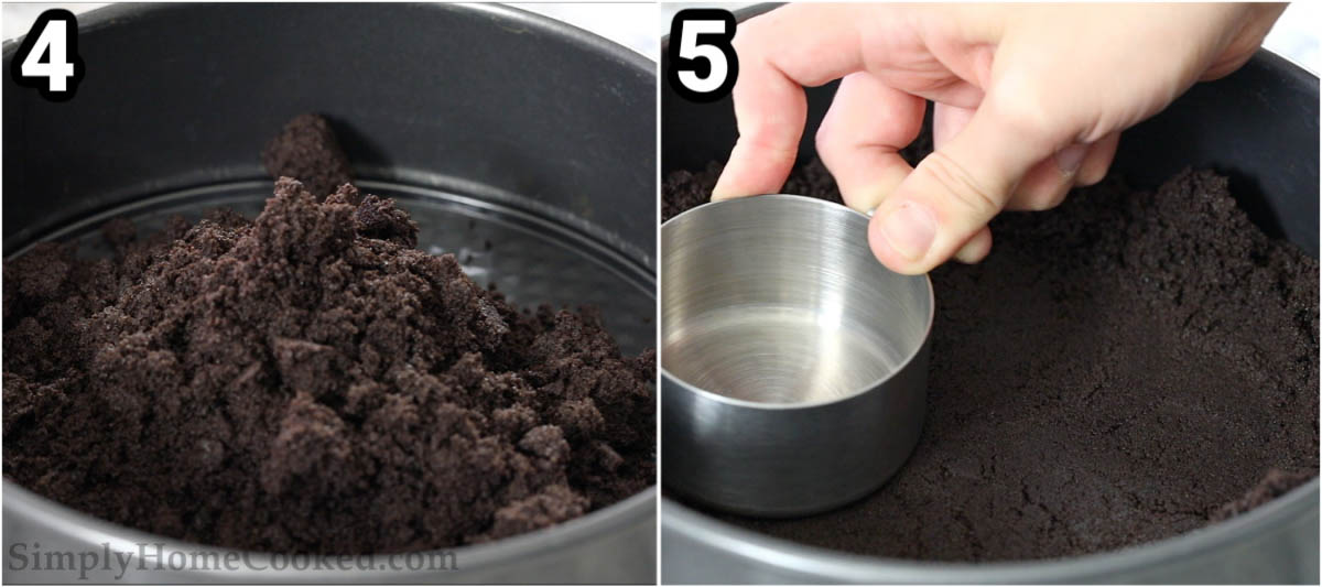 Steps to make Oreo Cheesecake:  press the cookie crumb mixture down into a cake pan.
