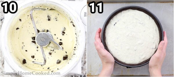 Steps to make Oreo Cheesecake: bake the cheesecake in the Oreo crust and then let it set.