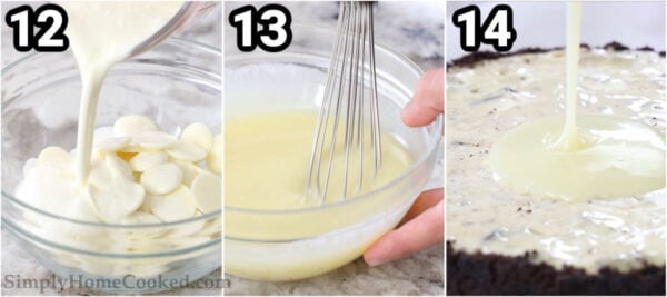 Steps to make Oreo Cheesecake: make the white chocolate ganache by melting the white chocolate with heavy cream and then adding it to the Oreo cheesecake.