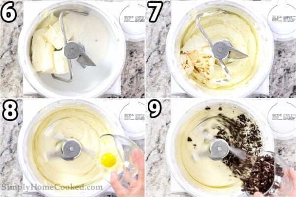 Steps to make Oreo Cheesecake: cream together the cream cheese and sugar, then add the vanilla, sour cream, eggs, and Oreo crumbs.