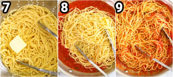 Steps to make Pasta Pomodoro: add butter to the cooked spaghetti, then add it all to the pomodoro sauce and stir with tongs.