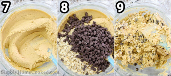 Steps to make Chewy Peanut Butter Oatmeal Cookies: add the oats and chocolate chips, then mix with a spatula.