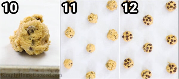 Steps to make Chewy Peanut Butter Oatmeal Cookies: scoop and roll the dough into balls, place on a parchment paper lined baking sheet, and bake.