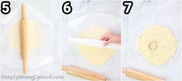 Steps to make Classic Shortbread Cookies: roll the dough out between sheets of parchment paper, then cut out shapes.