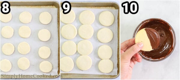 Steps to make Classic Shortbread Cookies: place the dough disks on a parchment paper lined baking sheet, bake, then dip them in a bowl of melted chocolate.