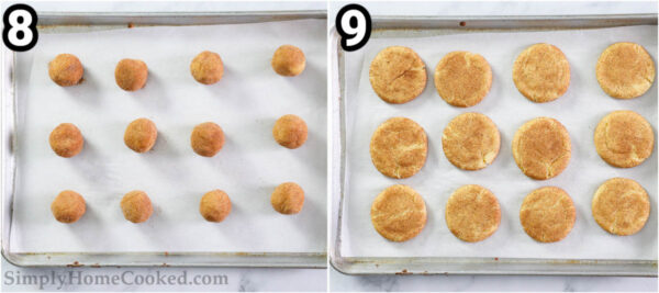 Steps to make Snickerdoodle Cookies: place the dough balls on a parchment lined cookie sheet and bake.