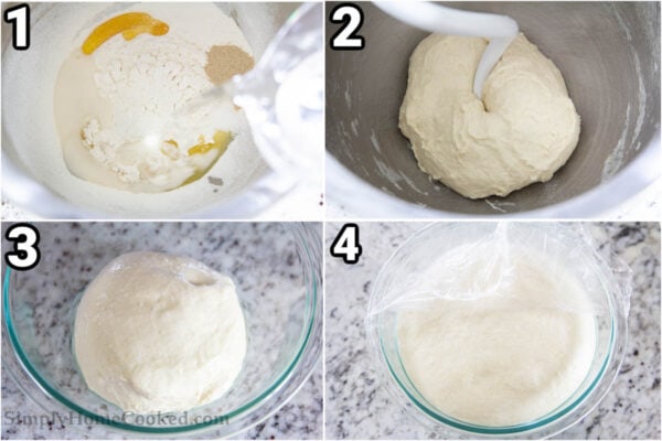 Steps to make Zeppoles: mxi the flour, honey, salt, yeast, oil, and water with a hook attachment, then let the dough rise.