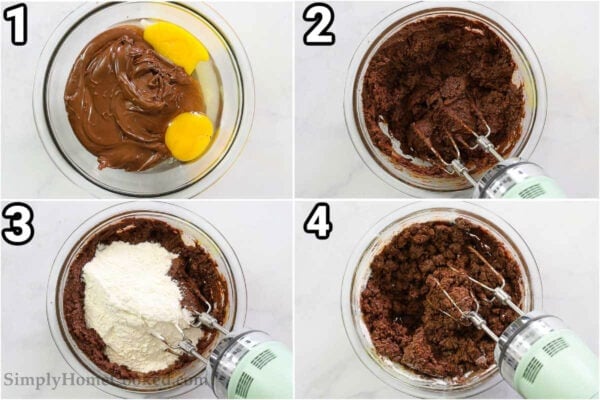 Steps to make Nutella Cookies: mix the Nutella and eggs together with an electric hand mixer, then add in the sifted flour, baking soda, baking powder, and salt.
